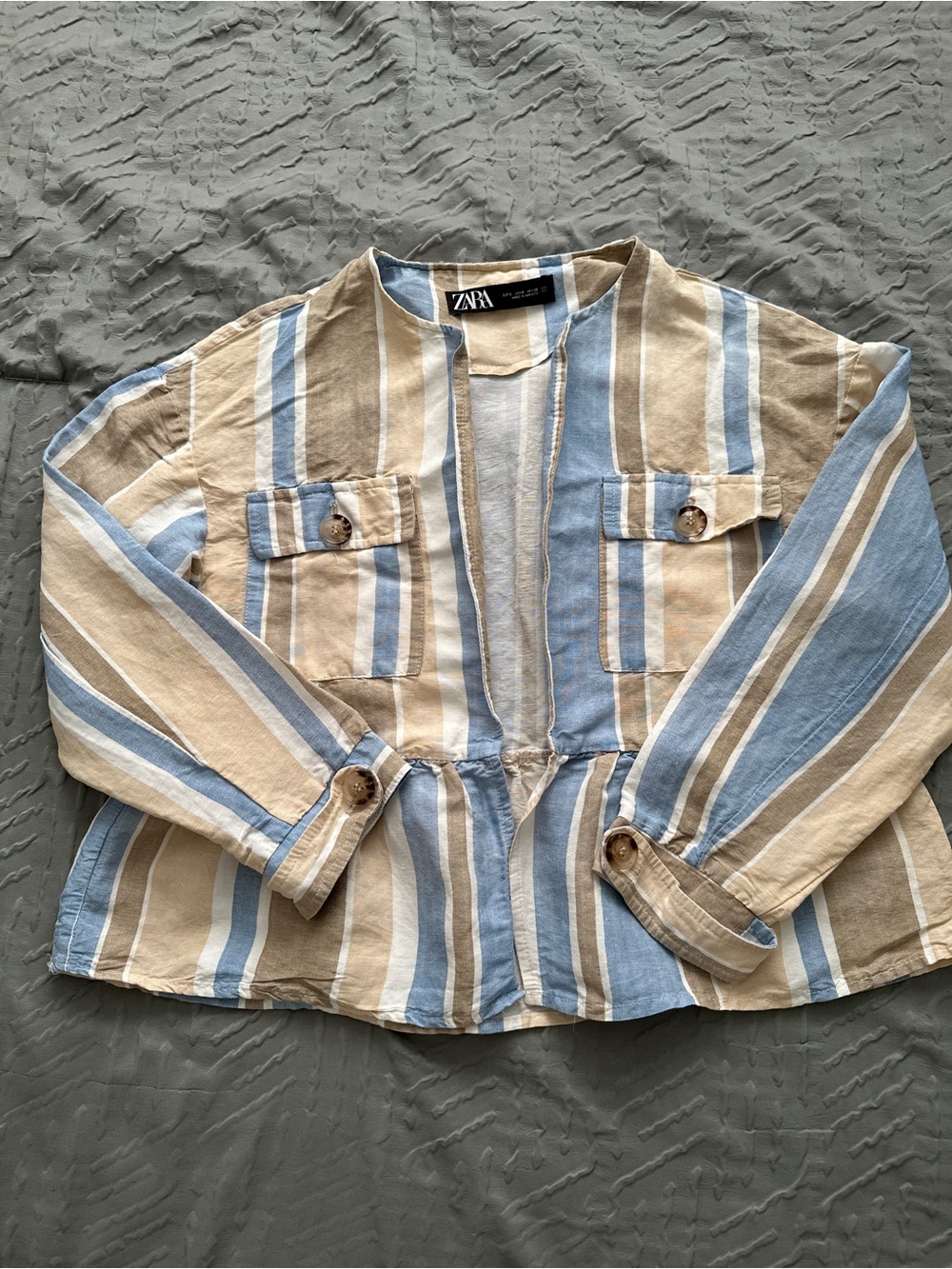 Zara Striped Collarless Blazer in Light Blue and Beige